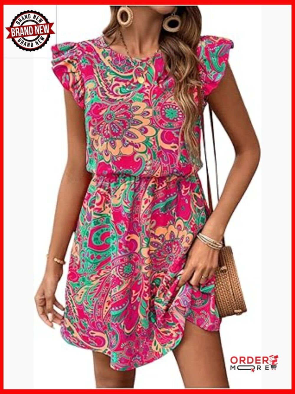 Boho Print Tie Back Mini Dress Ruffle Cap Sleeve